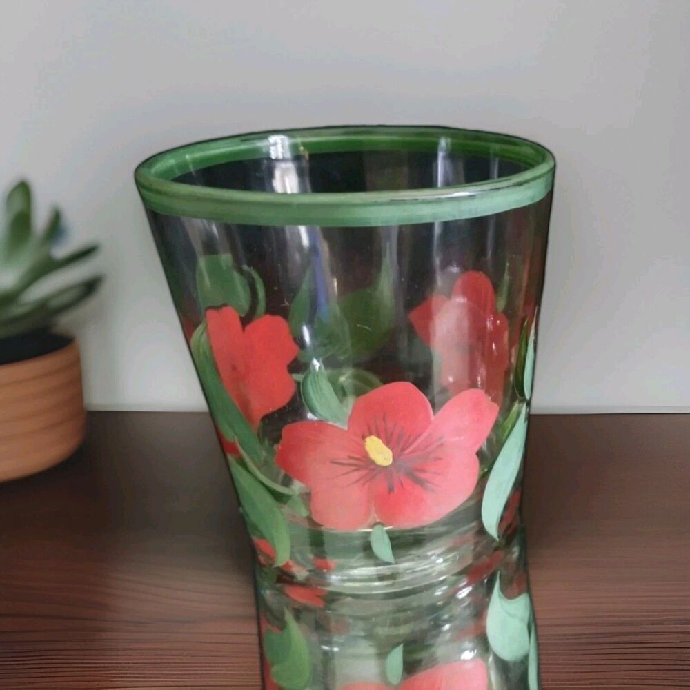 Federal Glass Hand Painted Red Hibiscus Floral  Cocktail Vintage tiki Christmas